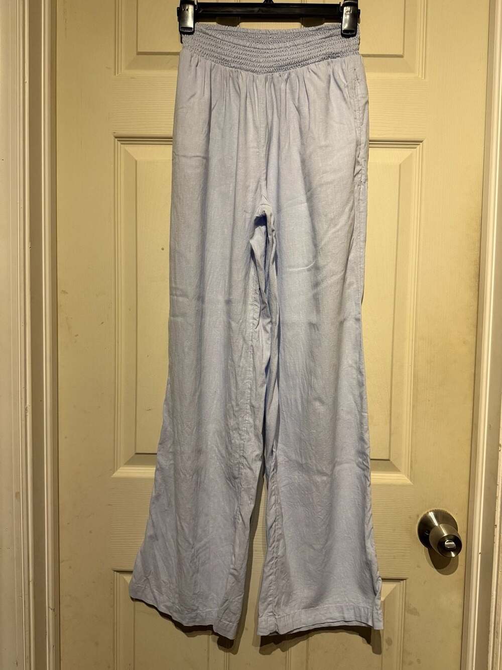 Aerie Smocked Waist Wide Leg Pants Size XS Light Blue Linen Blend